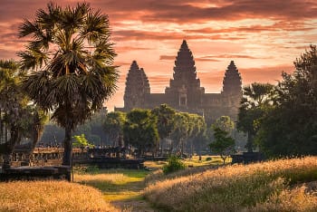 The View on the old palace of Angkor Wat in Cambodia
